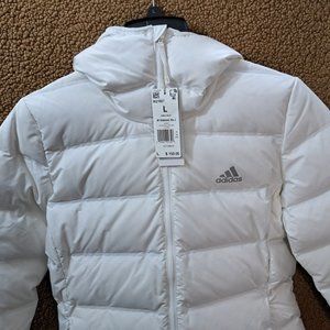 Adidas Helionic  Hooded Down Puffer Jacket White Large Cozy Toasty NWT